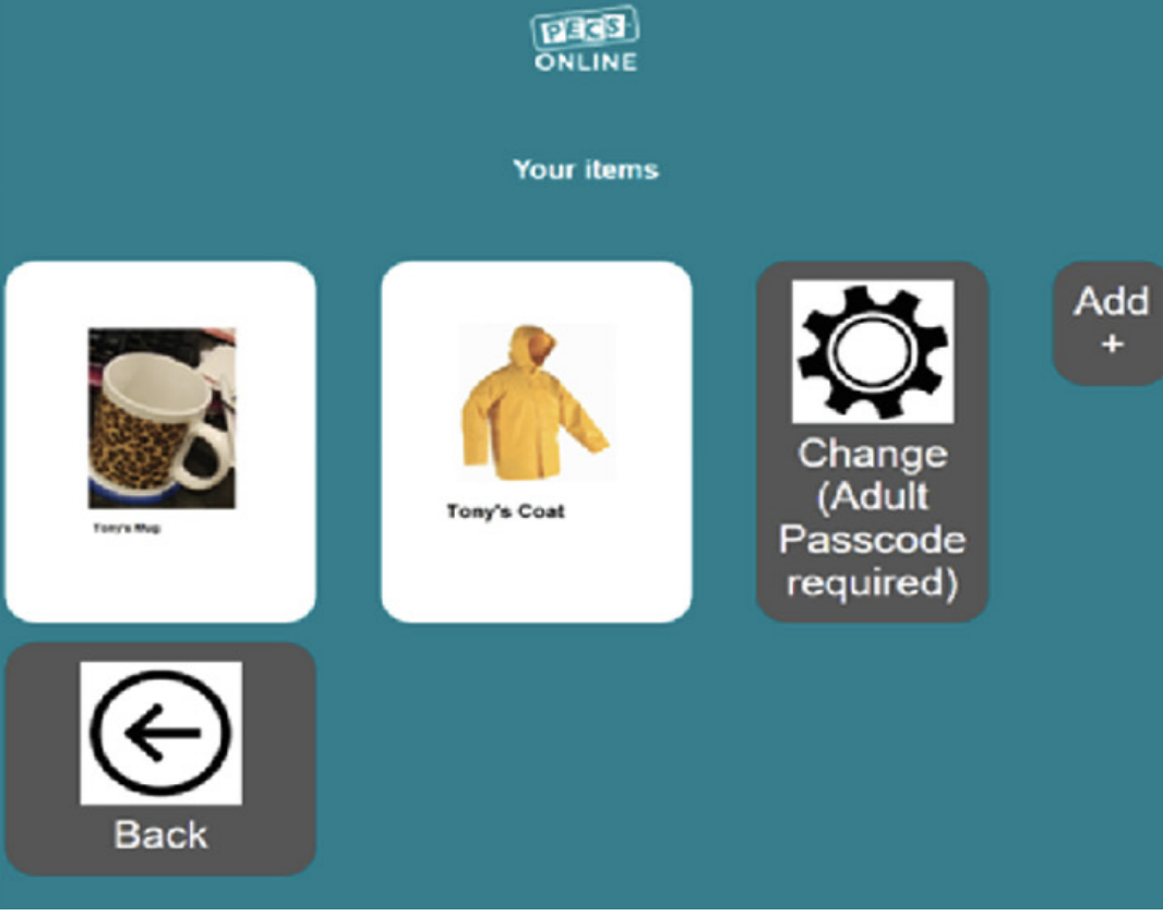 Buttons with images of a mug and jacket. THis shows the bespoke ability of hte software to uopload images from personalited items of children instead of using generic pictures.