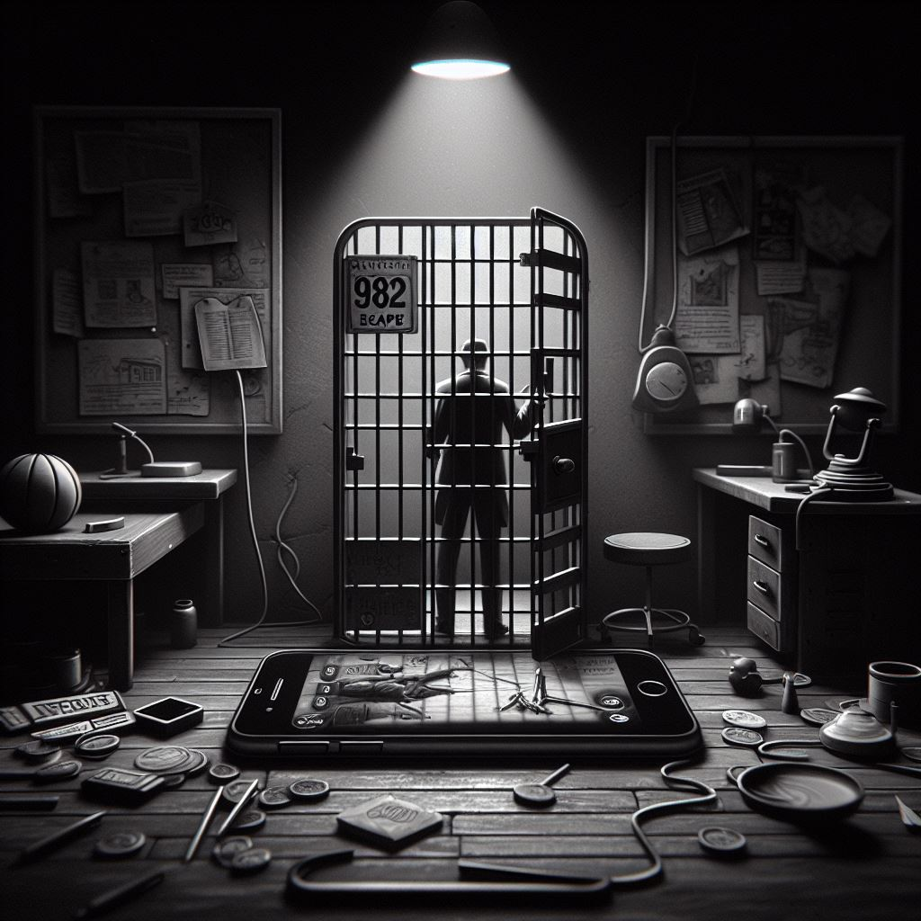 A man in a cell in a room with a phone looking mat outside the cell. THe picture is in black and white.